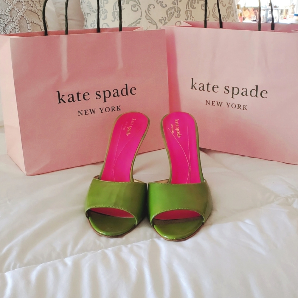 KATE SPADE NEW YORK GREEN & PINK SLIP-ON ON HEELS